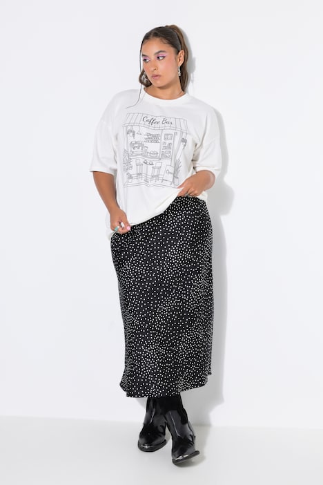 Jupe midi en satin, coupe trapèze, à pois