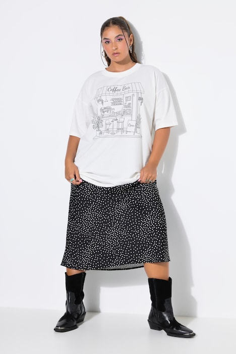 Jupe midi en satin, coupe trapèze, à pois
