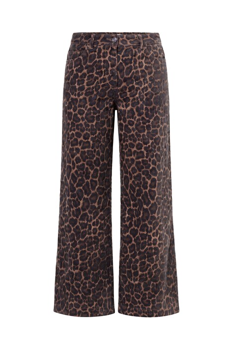 Džíny, široké nohavice, leopardí vzor, 5 kapes, ohrnutý lem