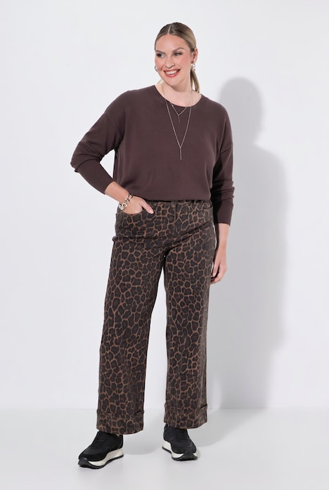 Jeans, weites Bein, Leo-Muster, 5-Pocket, Umschlag