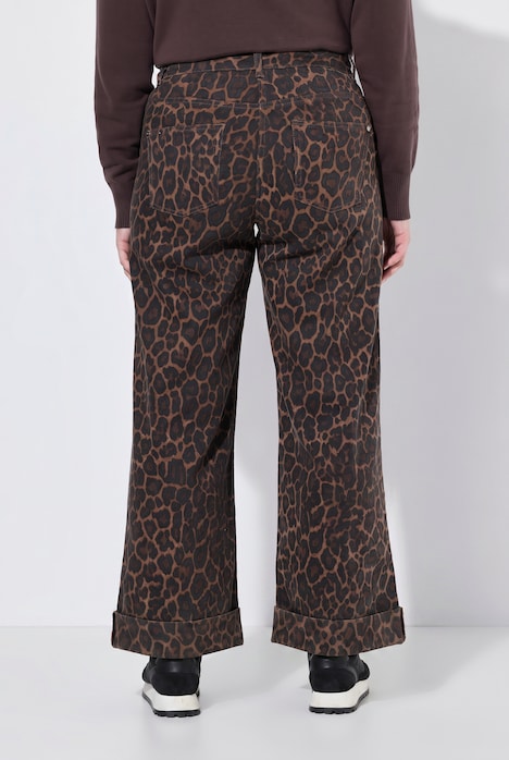 Jeans, weites Bein, Leo-Muster, 5-Pocket, Umschlag