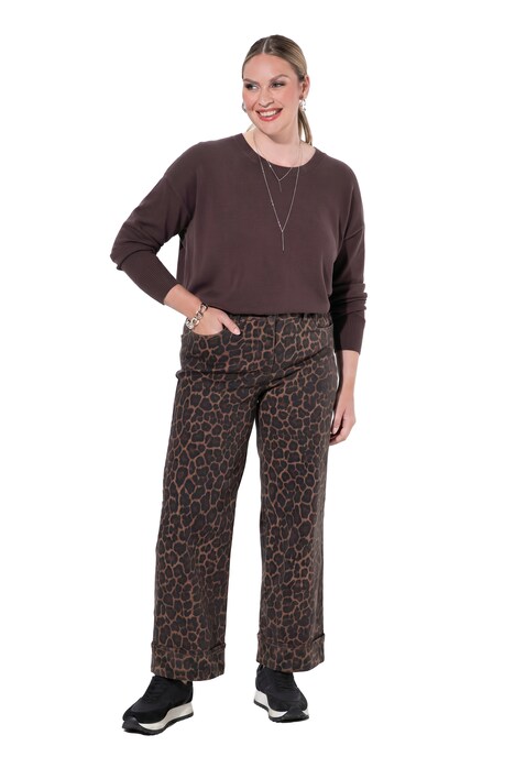 Jeans, weites Bein, Leo-Muster, 5-Pocket, Umschlag