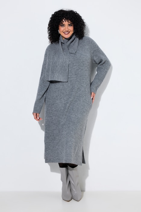 Strick-Midikleid, angestrickter Schal, Langarm