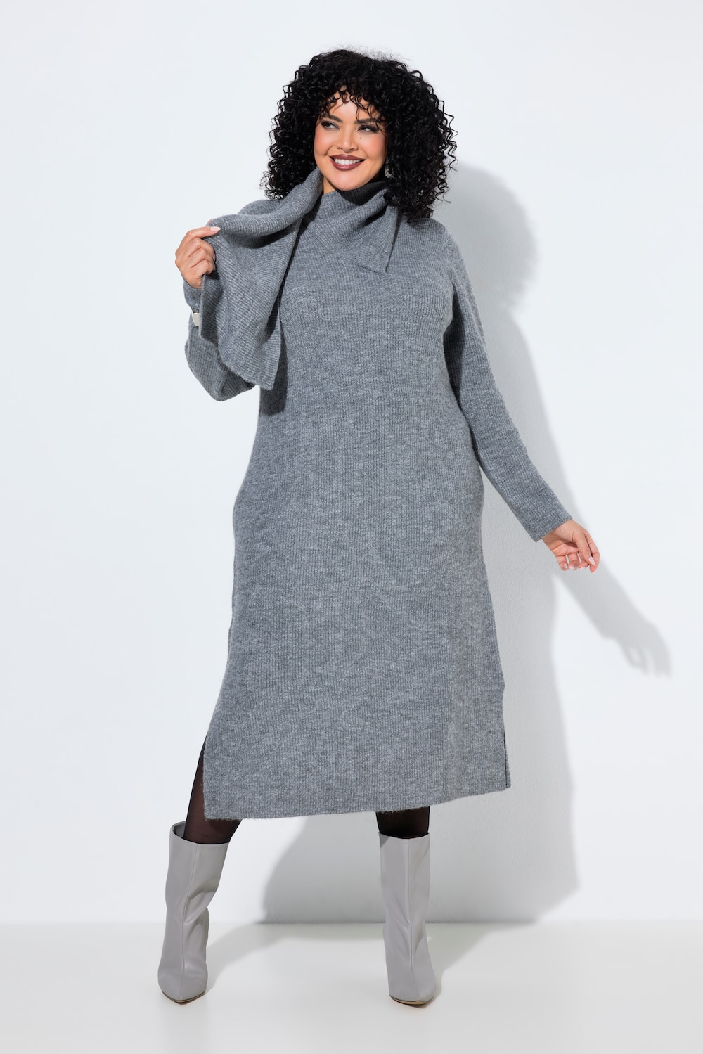 Strick-Midikleid, angestrickter Schal, Langarm