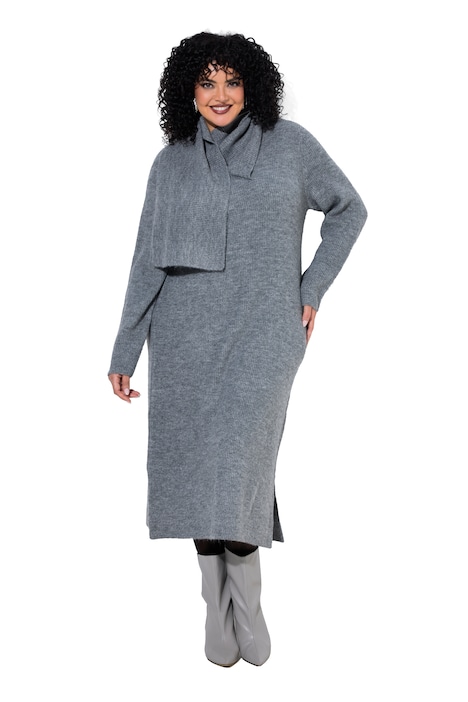 Strick-Midikleid, angestrickter Schal, Langarm