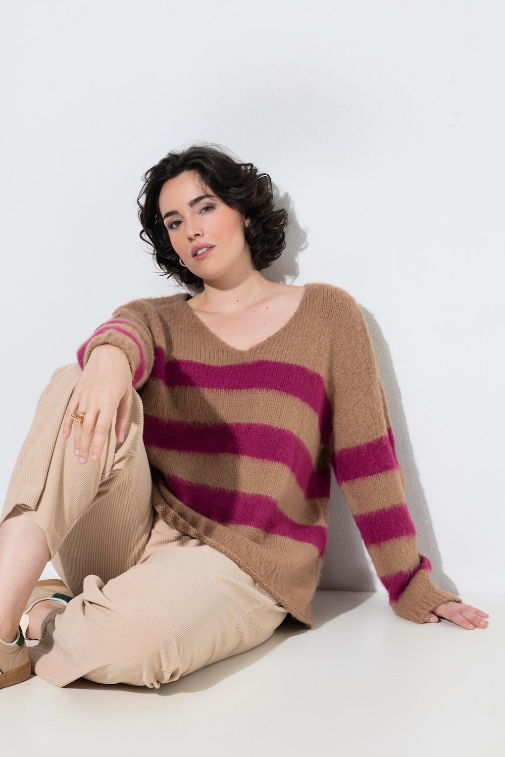 Pullover, Blockstreifen, V-Ausschnitt, Langarm