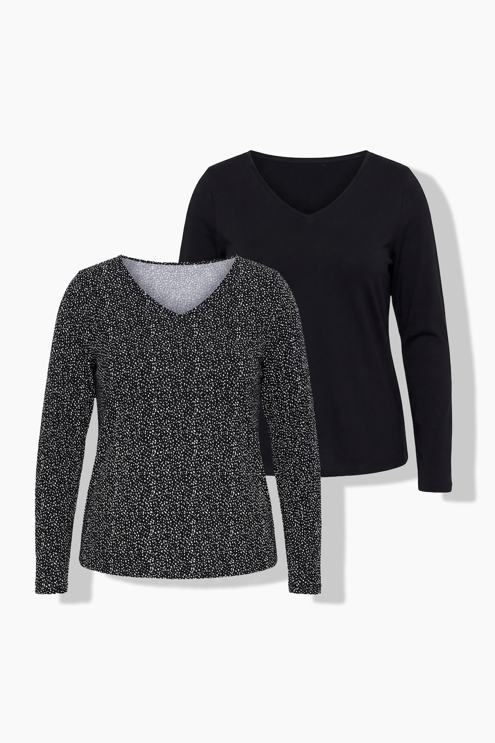 Shirt Doppelpack, Uni/Punkte, Classic, V-Ausschnitt, Langarm
