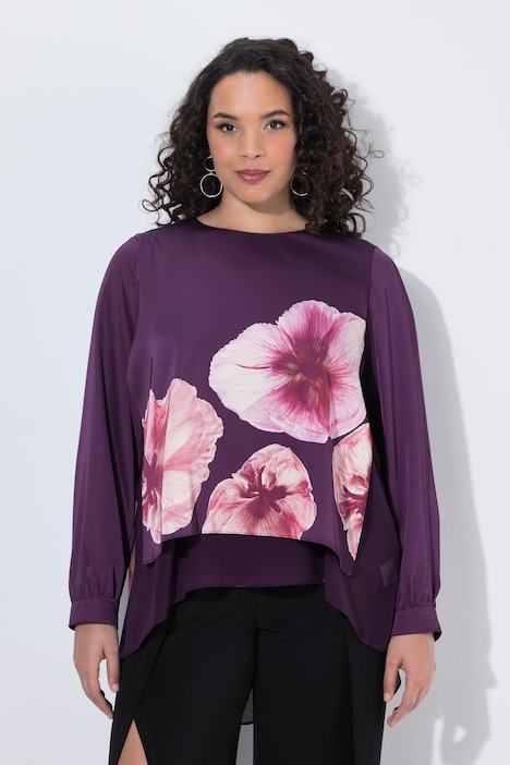 Chiffon-Bluse, doppellagig, A-Linie, Rundhals, Langarm