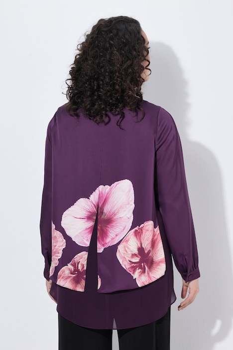 Chiffon-Bluse, doppellagig, A-Linie, Rundhals, Langarm