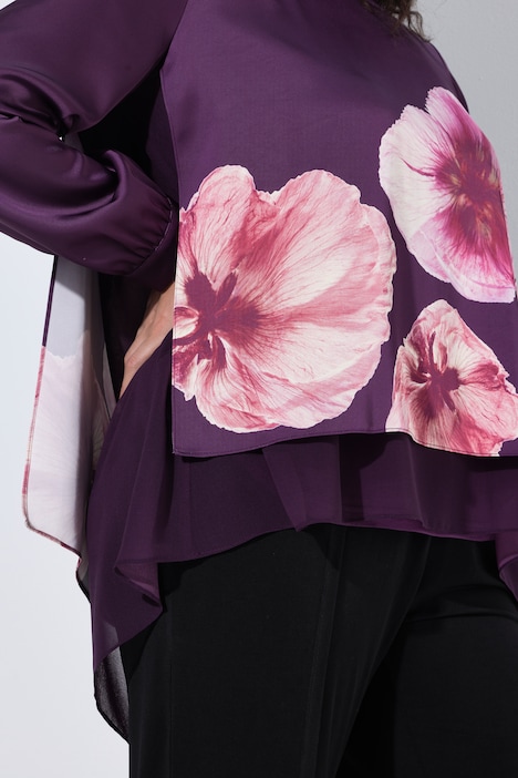 Chiffon-Bluse, doppellagig, A-Linie, Rundhals, Langarm