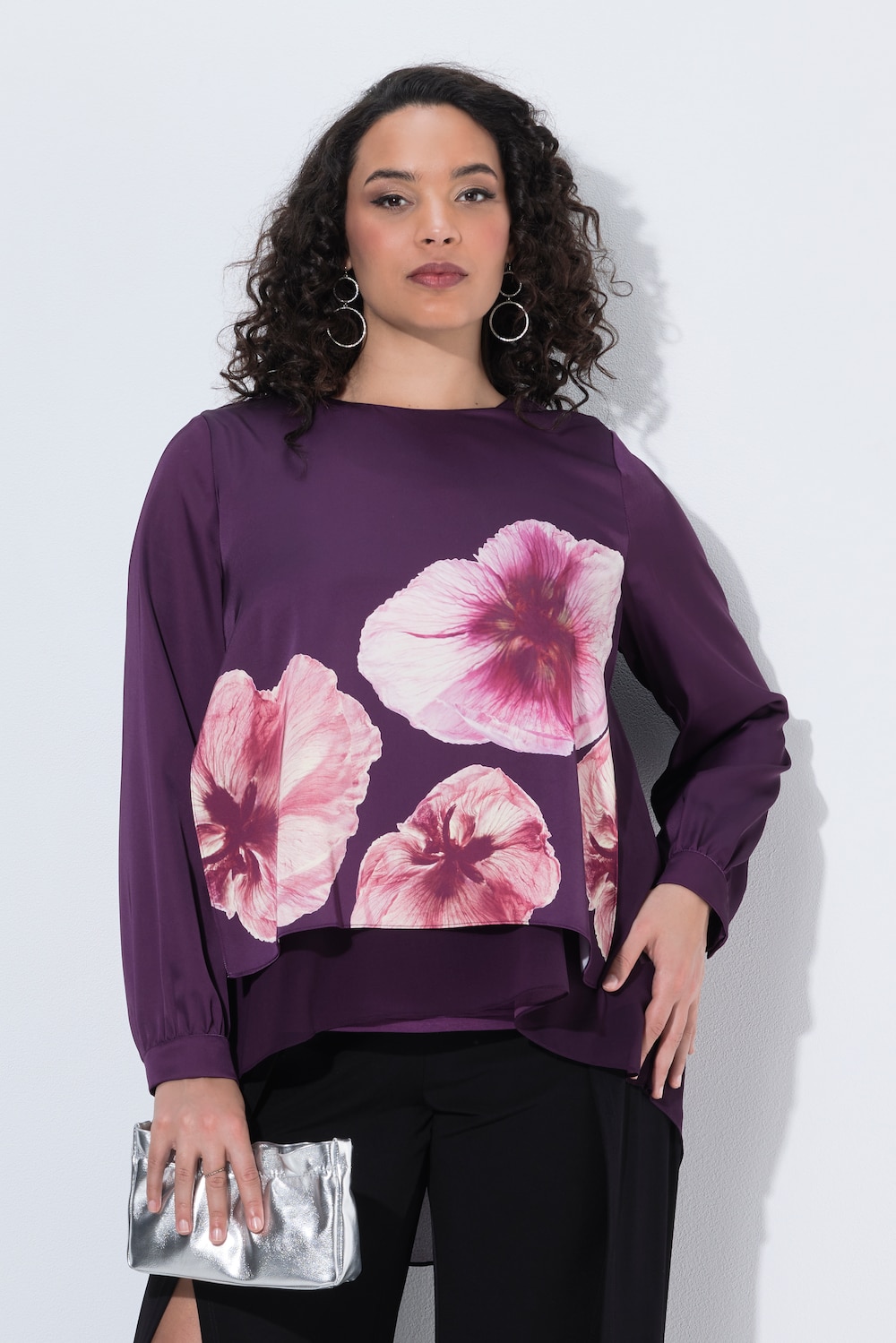 Chiffon-Bluse, doppellagig, A-Linie, Rundhals, Langarm