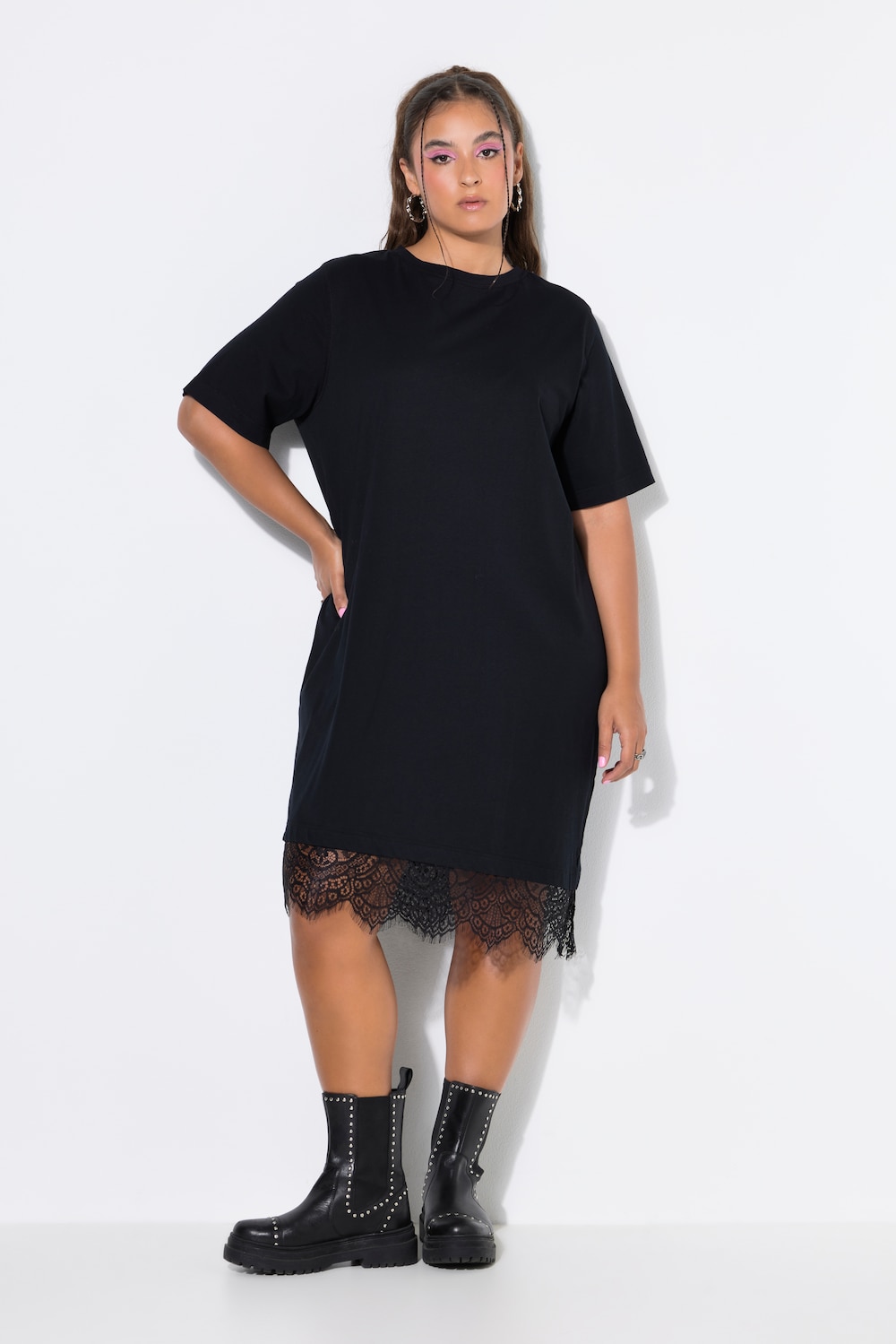 Shirt-Kleid, asymmetrischer Spitzensaum