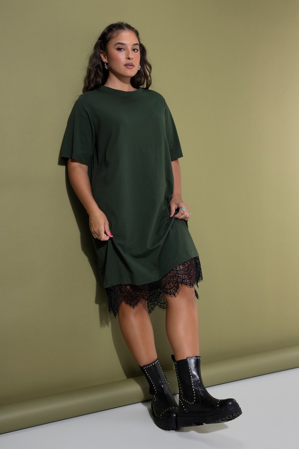Shirt-Kleid, asymmetrischer Spitzensaum