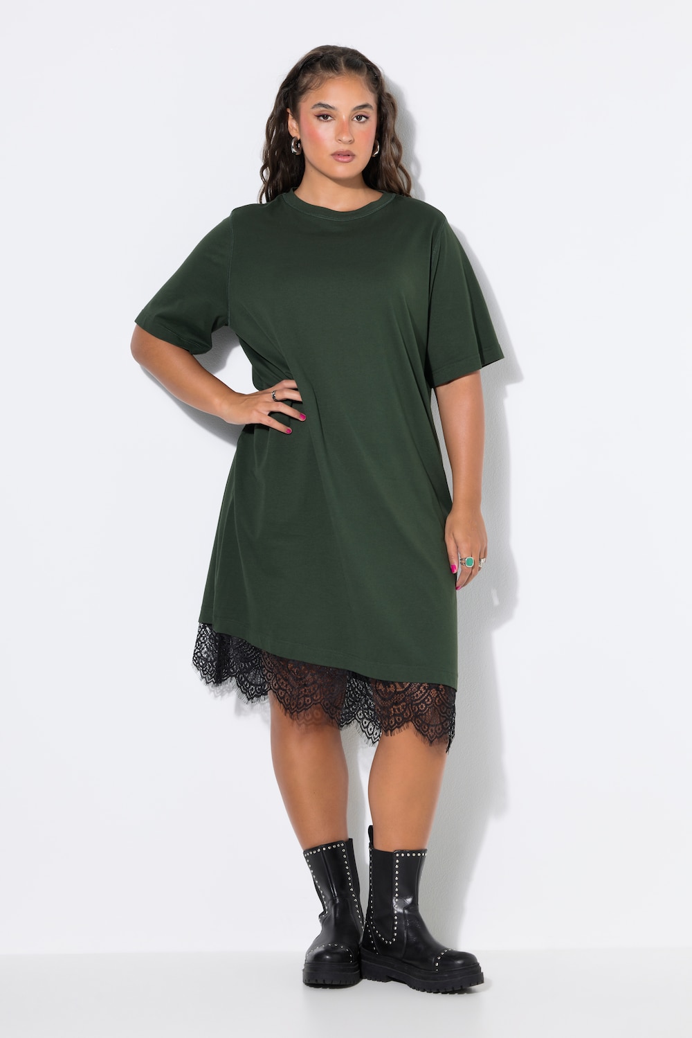 Shirt-Kleid, asymmetrischer Spitzensaum