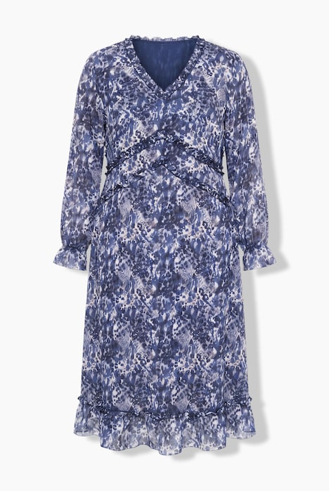 Midikleid, A-Linie, Alloverdruck, Rüschen