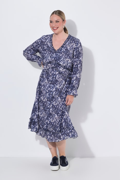 Midikleid, A-Linie, Alloverdruck, Rüschen