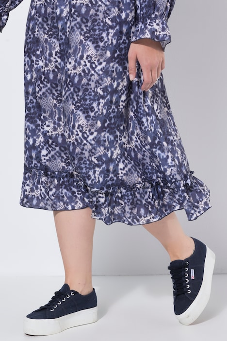 Midikleid, A-Linie, Alloverdruck, Rüschen
