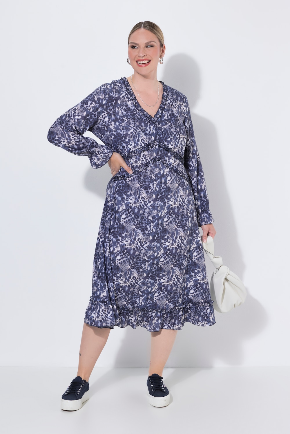 Midikleid, A-Linie, Alloverdruck, Rüschen
