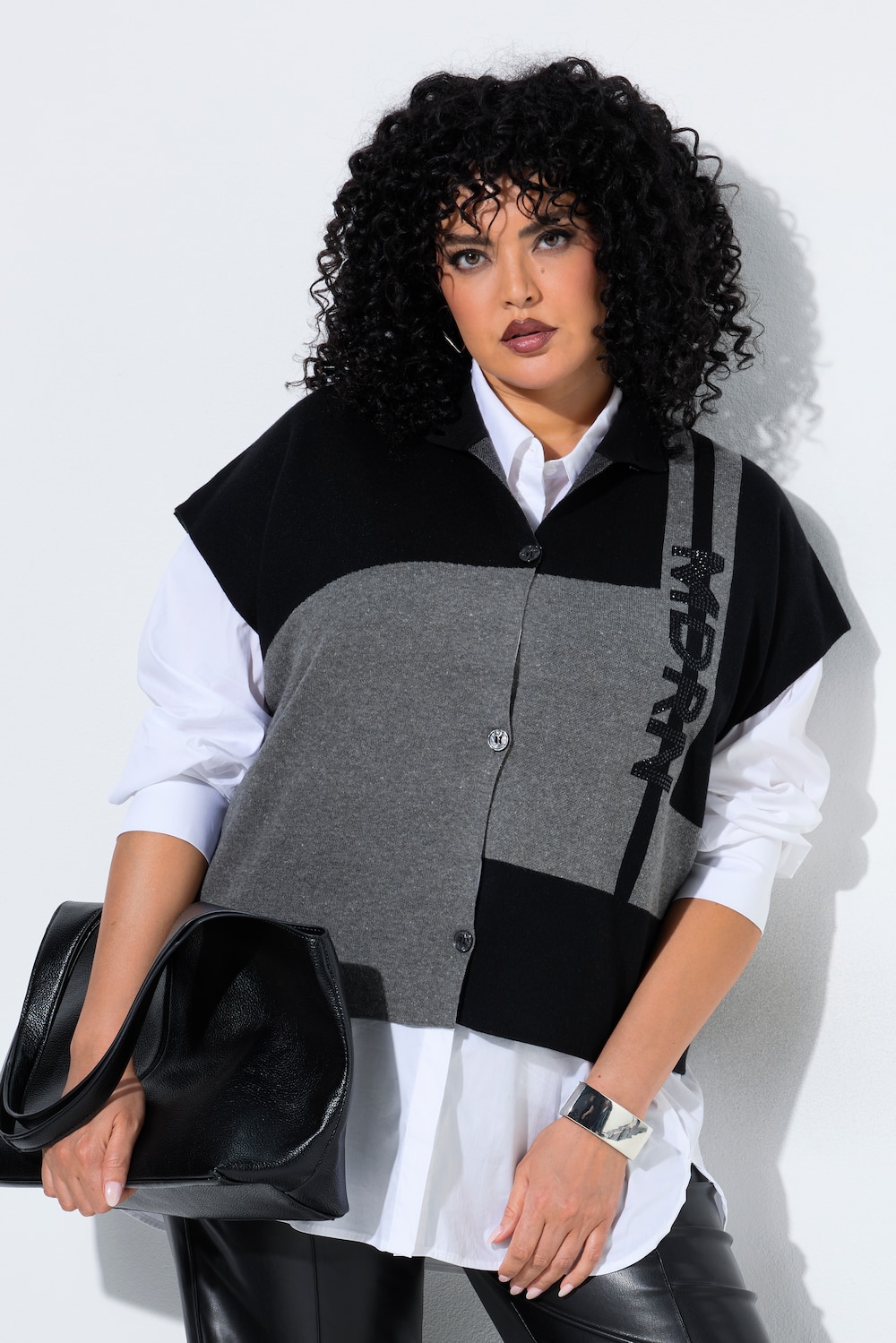Strickjacke, Colorblocking, Stehkragen, Halbarm