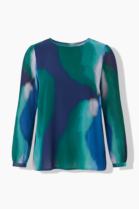 Chiffon-Bluse, doppellagig, Rundhals, Plissee-Langarm