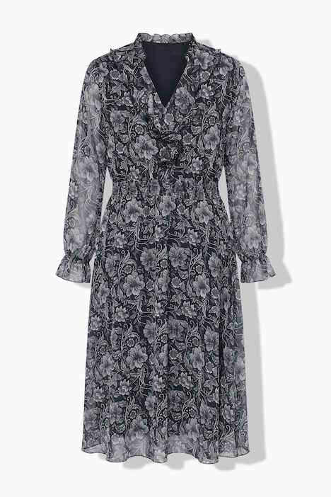 Midikleid, A-Linie, Chiffon, Flowerprint, Volants, elastische Taille