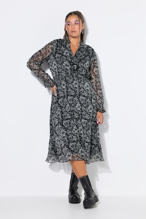 Midikleid, A-Linie, Chiffon, Flowerprint, Volants, elastische Taille