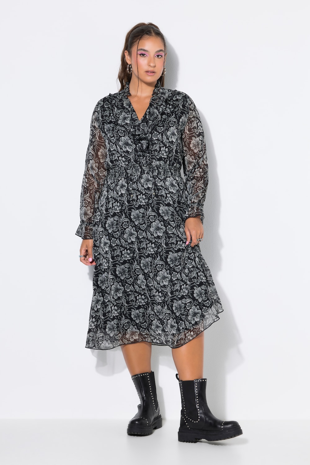 Midikleid, A-Linie, Chiffon, Flowerprint, Volants, elastische Taille