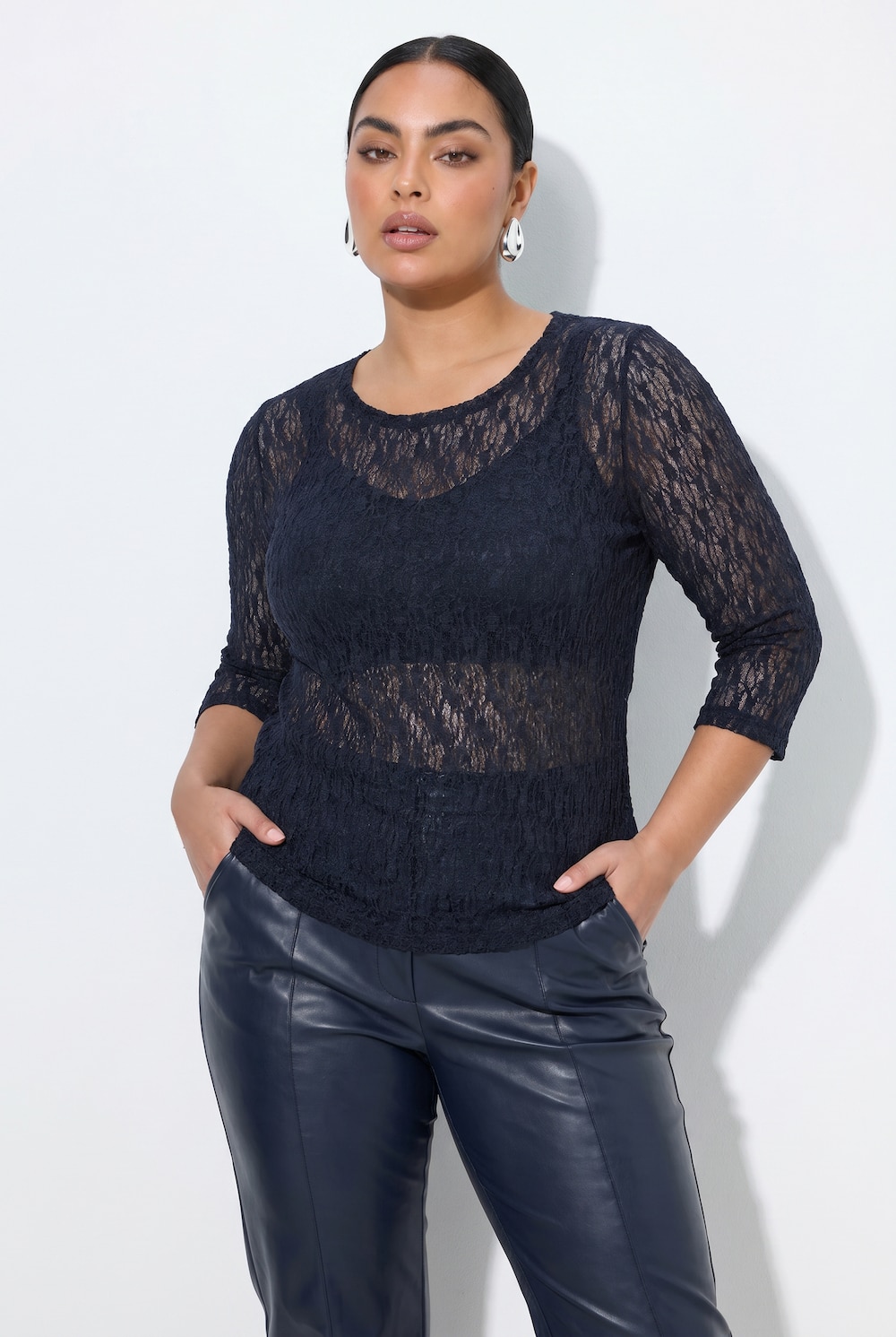 Shirt, Spitze, Slim, Rundhalsausschnitt, Langarm