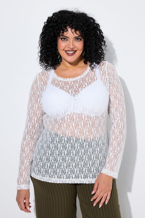 T-shirt en dentelle, coupe Slim Fit, décolleté rond et manches longues