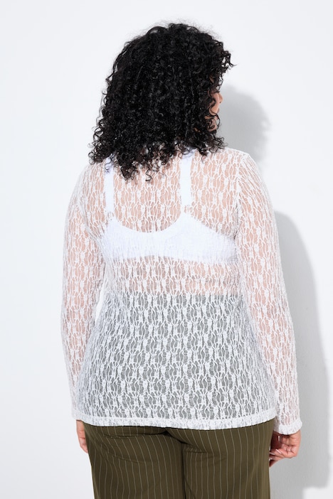 T-shirt en dentelle, coupe Slim Fit, décolleté rond et manches longues