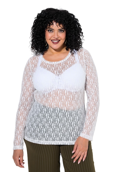 Shirt, Spitze, Slim, Rundhalsausschnitt, Langarm