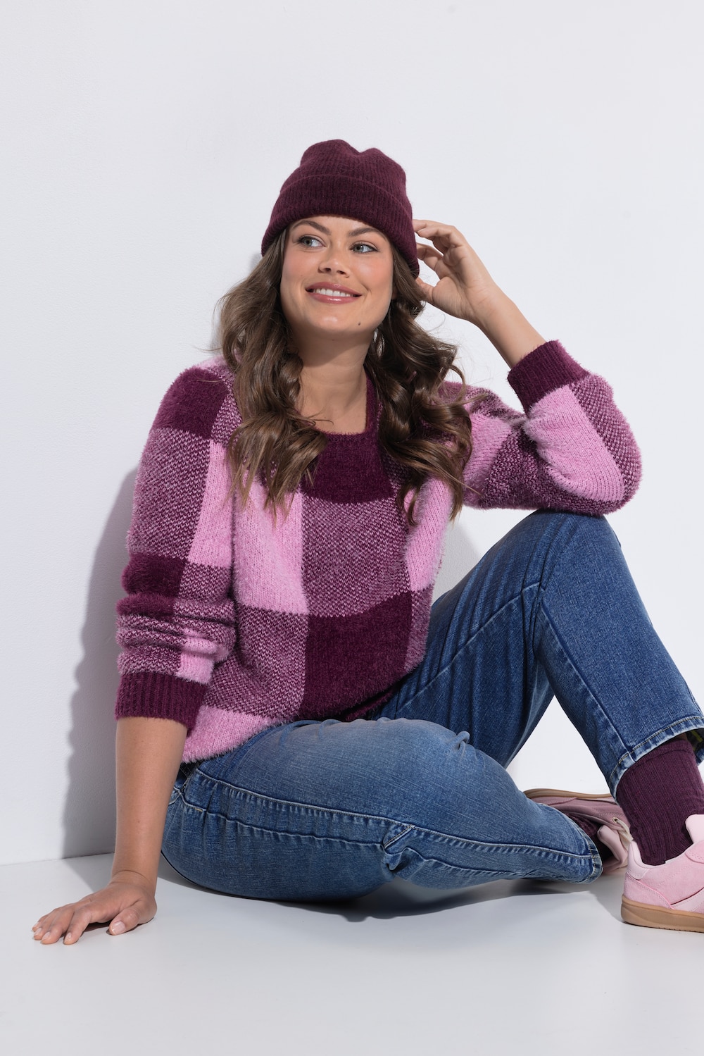 Karo-Strickpullover, Rundhals,Langarm