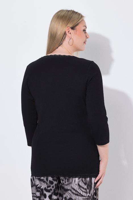 koszulka prążkowana, slim fit, koronkowe wykończenie, rękaw 3/4