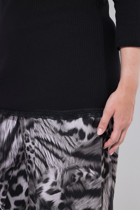 koszulka prążkowana, slim fit, koronkowe wykończenie, rękaw 3/4