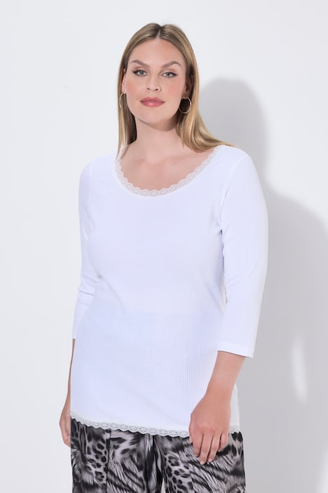 koszulka prążkowana, slim fit, koronkowe wykończenie, rękaw 3/4