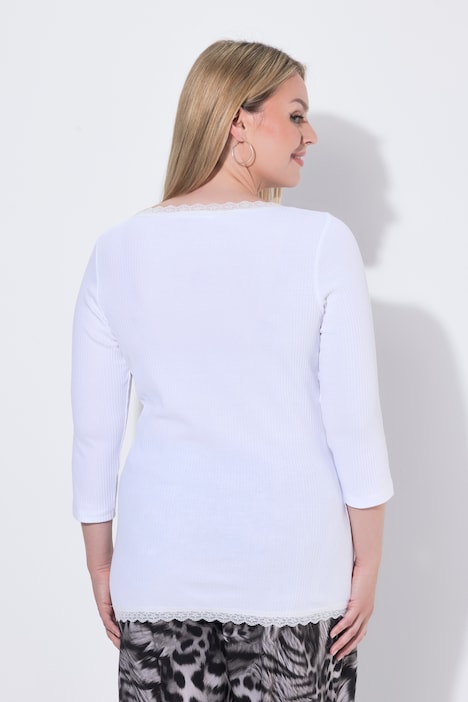 koszulka prążkowana, slim fit, koronkowe wykończenie, rękaw 3/4