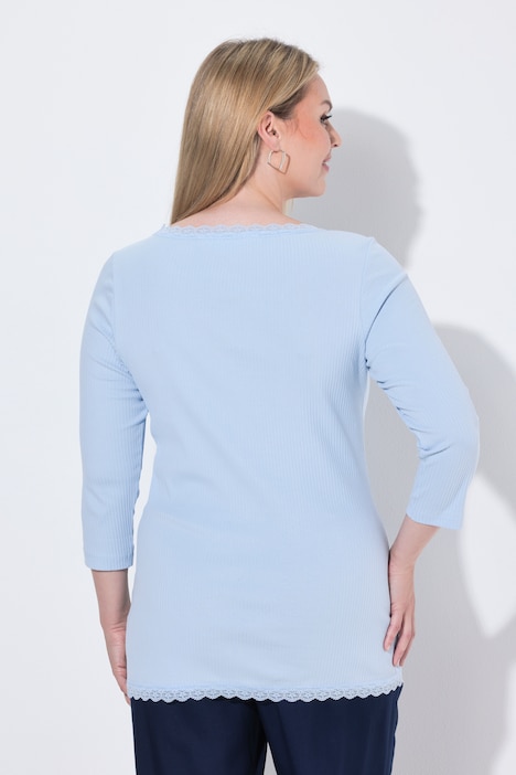 koszulka prążkowana, slim fit, koronkowe wykończenie, rękaw 3/4