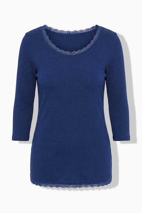 koszulka prążkowana, slim fit, koronkowe wykończenie, rękaw 3/4