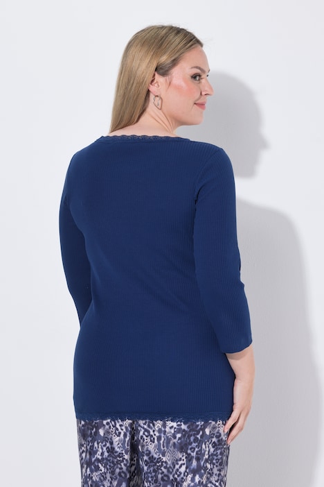koszulka prążkowana, slim fit, koronkowe wykończenie, rękaw 3/4