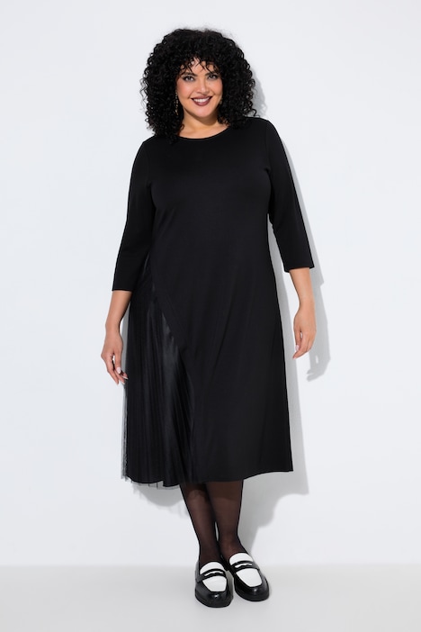 Midi-Jerseykleid, Plissee-Einsatz , A-Linie, Rundhals, 3/4-Arm