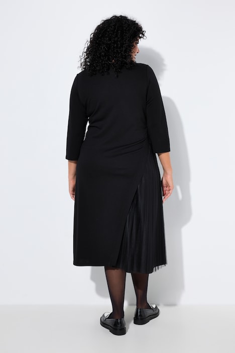 Midi-Jerseykleid, Plissee-Einsatz , A-Linie, Rundhals, 3/4-Arm
