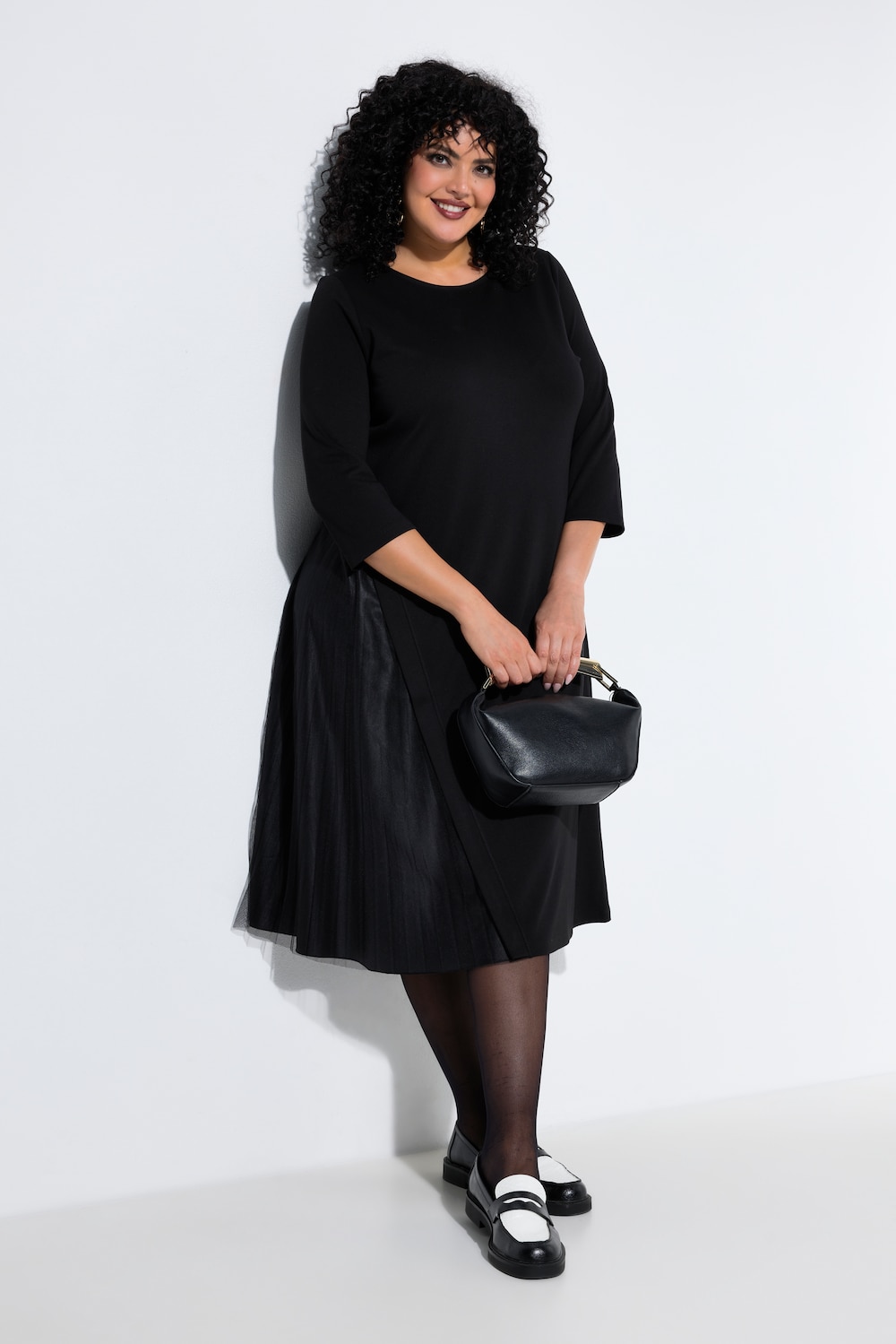 Midi-Jerseykleid, Plissee-Einsatz , A-Linie, Rundhals, 3/4-Arm