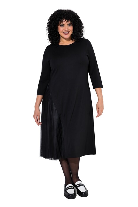 Midi-Jerseykleid, Plissee-Einsatz , A-Linie, Rundhals, 3/4-Arm