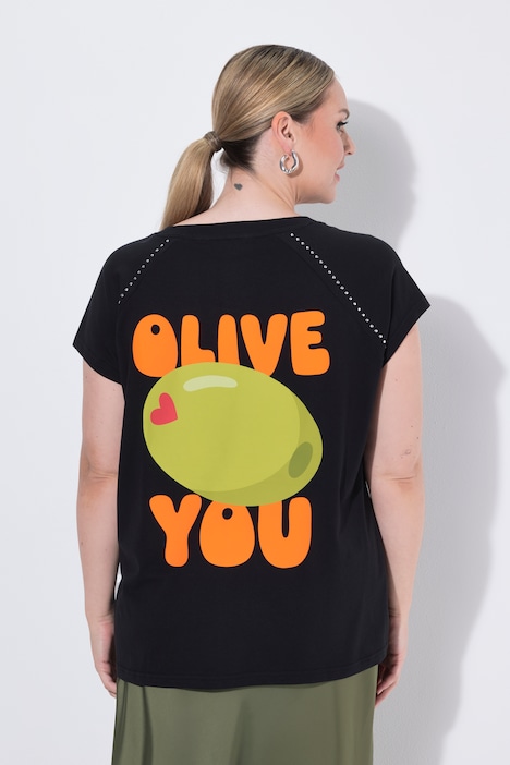 T-shirt, oversize o pudełkowym fasonie, nadruk z motywem oliwek na plecach