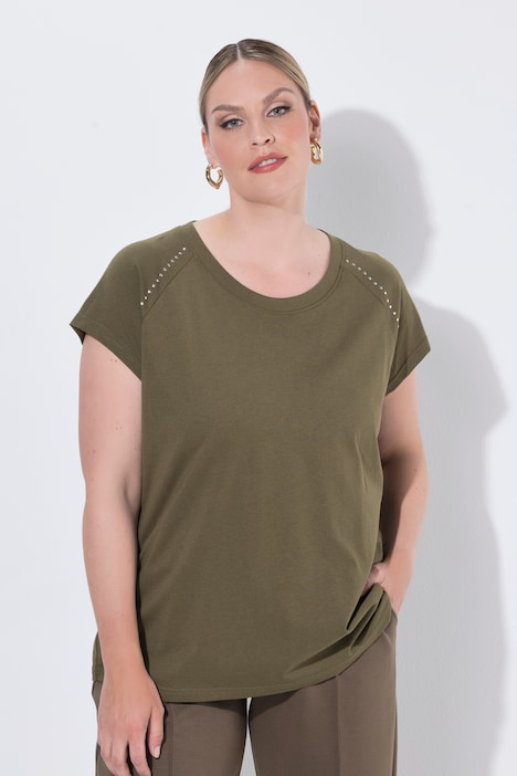 T-shirt, oversize o pudełkowym fasonie, nadruk z motywem oliwek na plecach