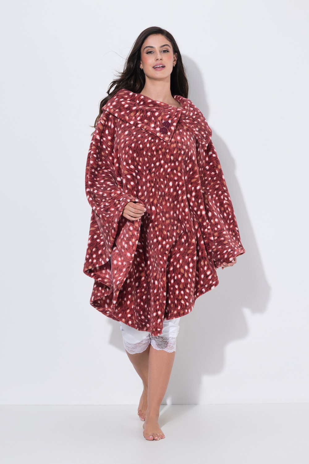 Homewear-Poncho, Plüsch, gemustert, Kragen