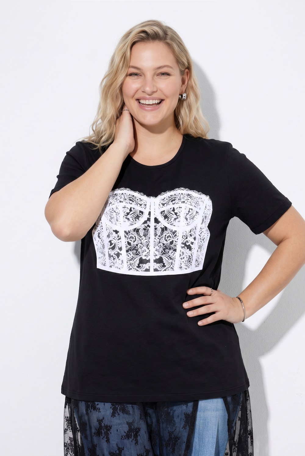 T-shirt, corsage-motief, ronde hals, korte mouwen