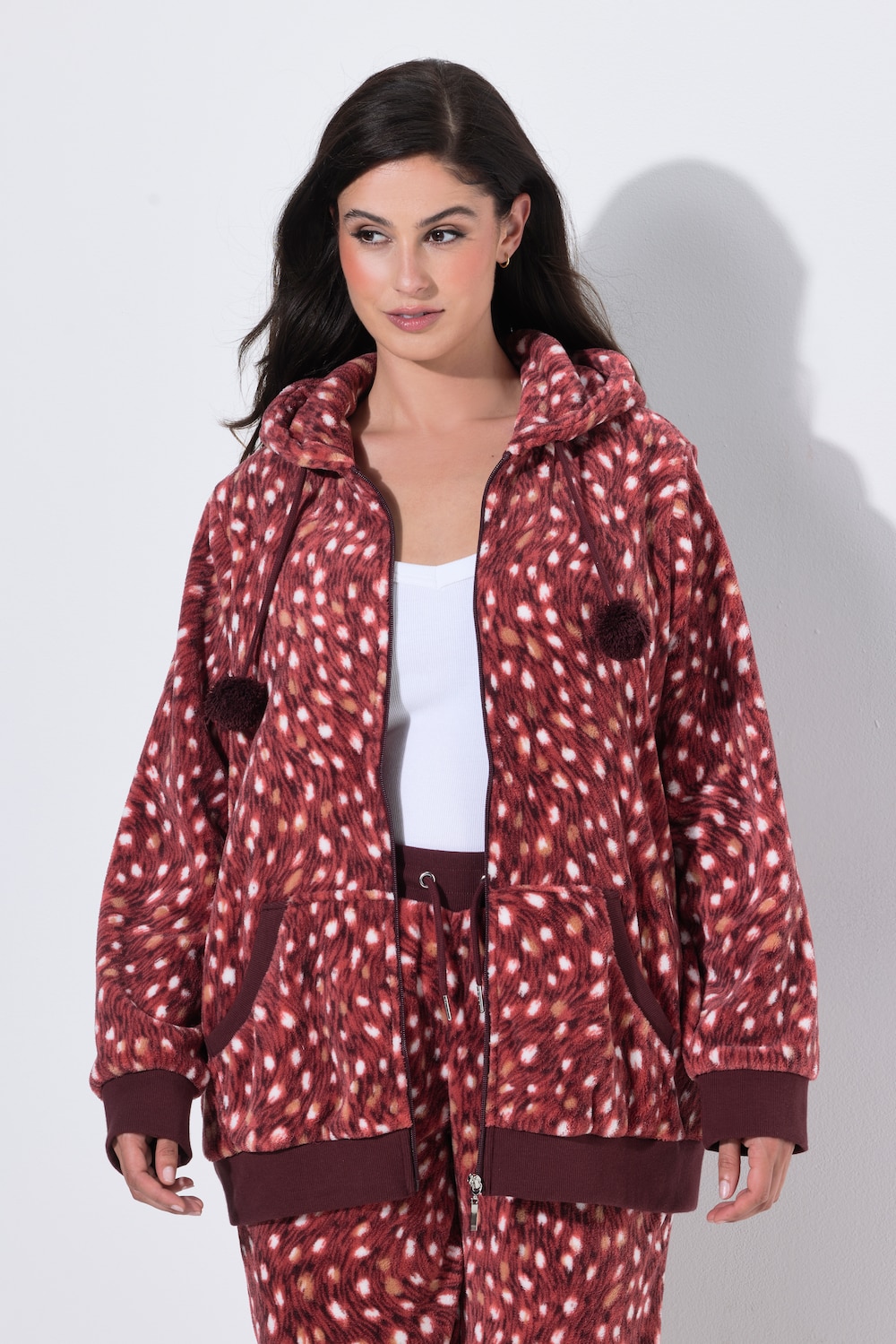 Homewear-Jacke, Plüsch, gemustert, Kapuze, Langarm