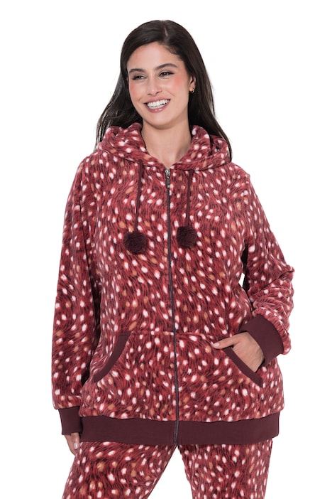 Homewear-Jacke, Plüsch, gemustert, Kapuze, Langarm