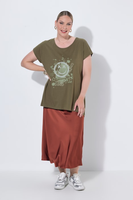 T-shirt, A-line, smiley print, longer hem at the back